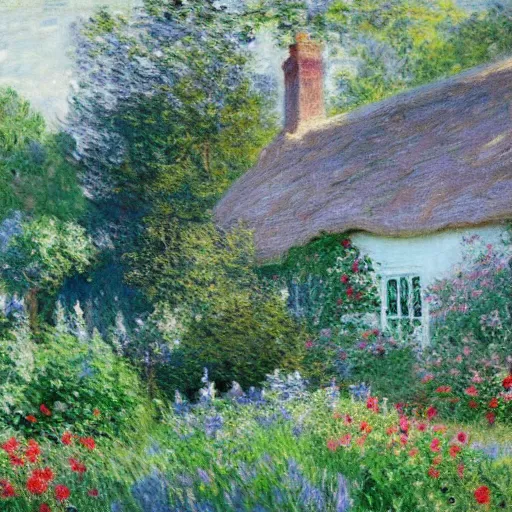 Prompt: Beautiful English cottage with excellent garden painting by Monet