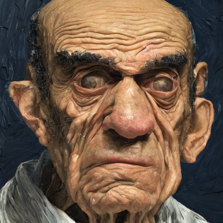 Image similar to warmly lit close up studio portrait of aging old Abe Vigoda age 115 wrinkled sad, impasto oil painting thick brushstrokes by Lucian Freud and Cy Twombly and Tim Hawkinson , trending on artstation dramatic lighting Expressionism