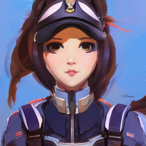 Prompt: Stunning Portrait of D.VA from Overwatch wearing a police uniform by Kim Jung Gi, holding handcuffs in one hand Blizzard Concept Art Studio Ghibli. oil paint. 4k. by brom, Pixiv cute anime girl wearing police gear by Ross Tran, Greg Rutkowski--cfg_scale 12