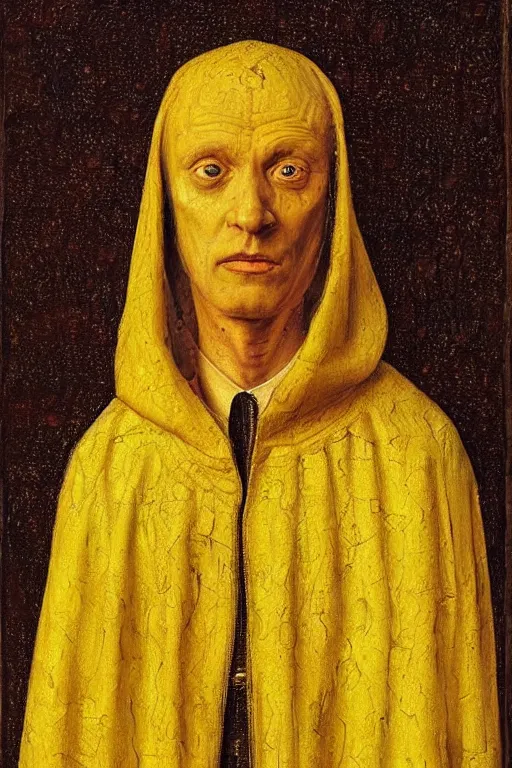 Image similar to portrait of hastur king in yellow, oil painting by jan van eyck, northern renaissance art, oil on canvas, wet - on - wet technique, realistic, expressive emotions, intricate textures, illusionistic detail