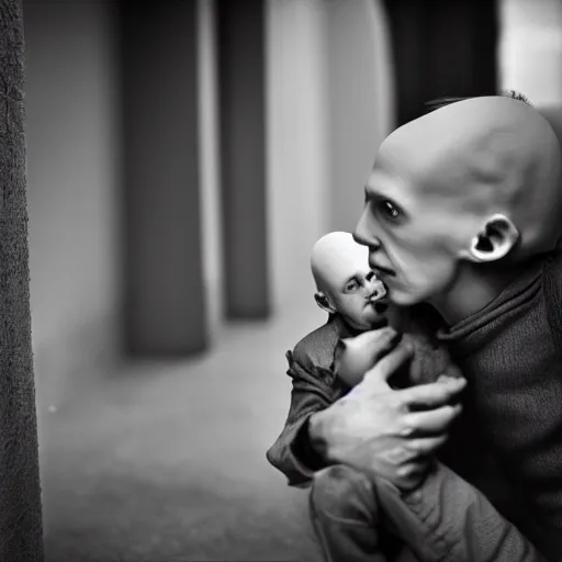 Image similar to portrait of nosferatu playing with his kid at the kindergarden, realistic detailed photography, 5 0 mm lens