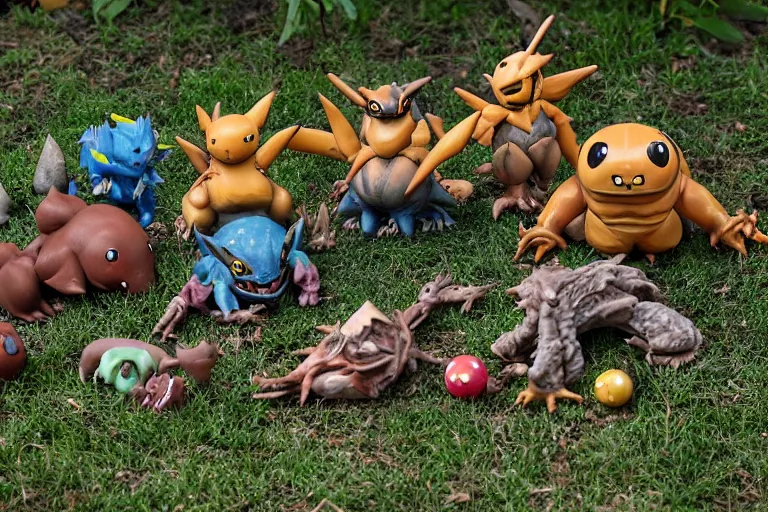 Prompt: autochrome photo of vintage disgusting brown Pokémon action figures, plastic Pokémon toys left outside for many years, backyard, kaiju, oni, realistic