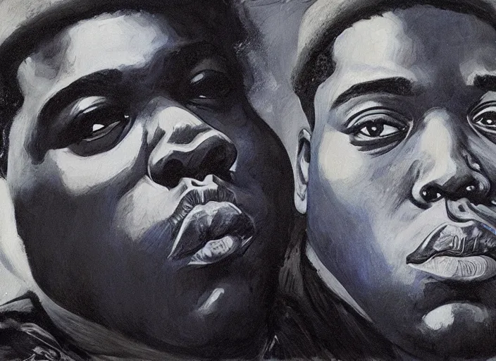 Prompt: a highly detailed beautiful portrait of notorious b. i. g on lsd, by gregory manchess, james gurney, james jean