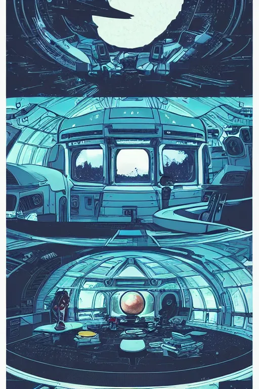 Image similar to Inside a room alien spaceship with large window that provide a scenic view of a huge planet can be seen in the background, Highly detailed labeled, poster, aesthetic, haeccety by Feng Zhu and Loish and Laurie Greasley