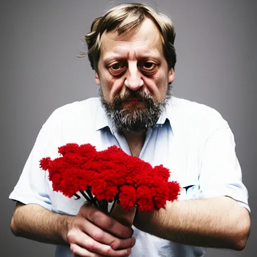 Image similar to Art photography Slavoj Žižek having a fight against red flowers