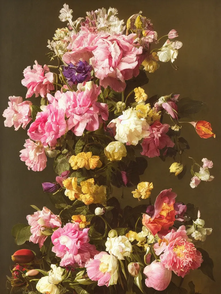 Image similar to highly detailed, hyper realistic, still life with flowers, Dutch painting, old masters, iris, lillies, leaves, roses, peonies, marigold, roses, cherry blossoms, apple blossoms, in the style of Rachel Ruysch