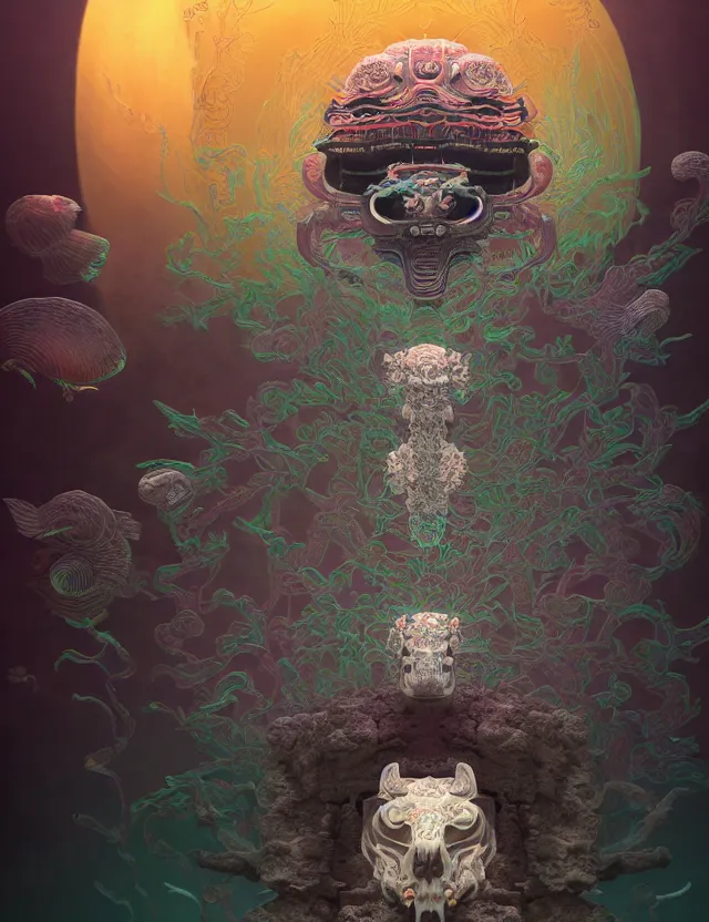 Image similar to 3 d liminal space abandoned temple frontal portrait with ram skull. beautiful intricately detailed japanese crow kitsune mask and clasical japanese kimono. betta fish, jellyfish phoenix, bio luminescent, plasma, ice, water, wind, creature, artwork by tooth wu and wlop and beeple and greg rutkowski