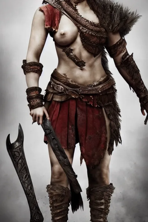 Image similar to Emma Watson as Kratos, brutal, detailed realistic, photorealistic, full body