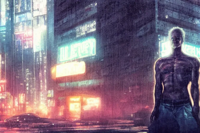 Image similar to roy batty with a bare torso sits in the lotus position with his head bowed in the rain on the roof of a building in the cyberpunk future, around neon signs, a little haze, night, realistic proportions, anime style ghost in armor