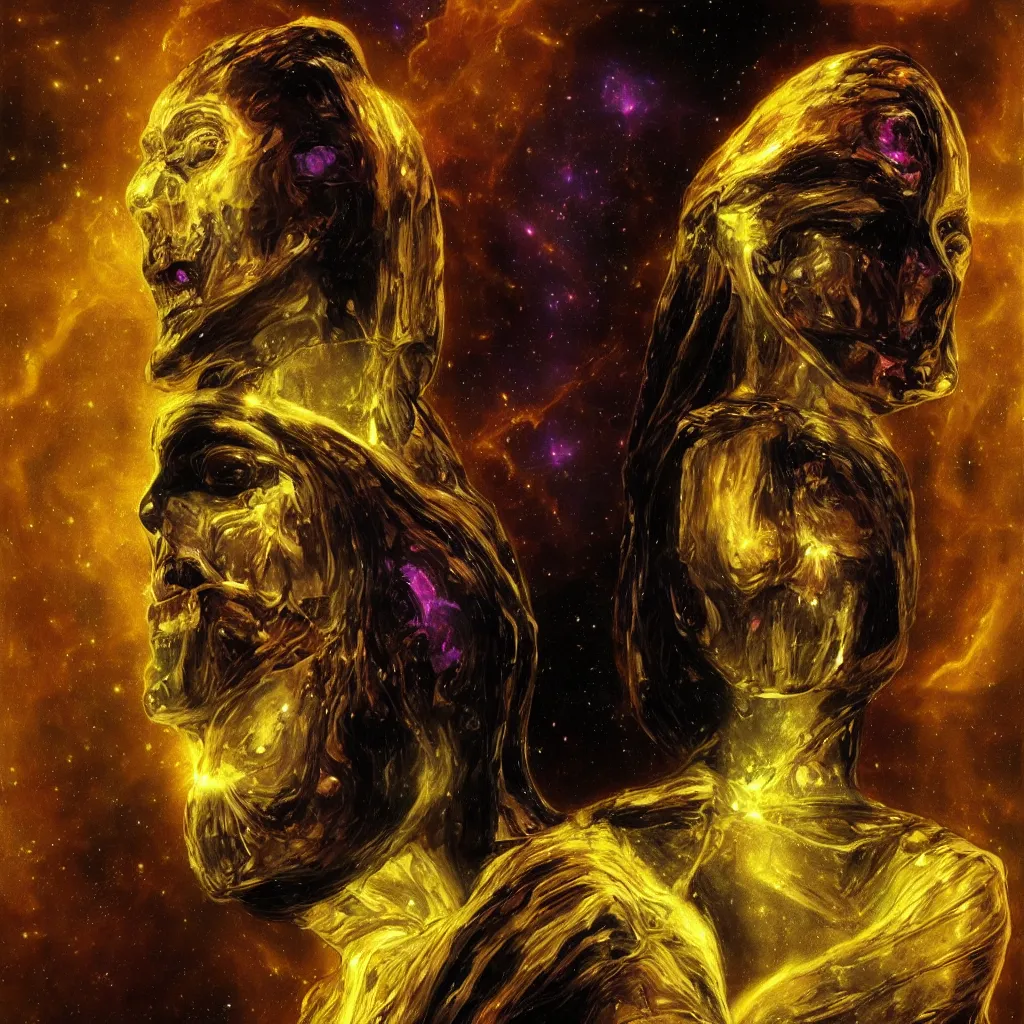 Image similar to intense glowing egyptian mummy god with ancient bandages and intense black eyes with a skull in very dark cosmic nebula by artgerm and beksinski and alphonse mucha, portrait, fantasy, clear, light beams, lens flare, intense, pharoah, uhd, amazing depth, cinematic lighting, black and purple and shining gold