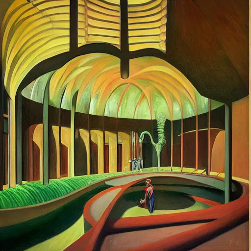 Image similar to fantastical biomorphic atrium, grant wood, pj crook, edward hopper, oil on canvas