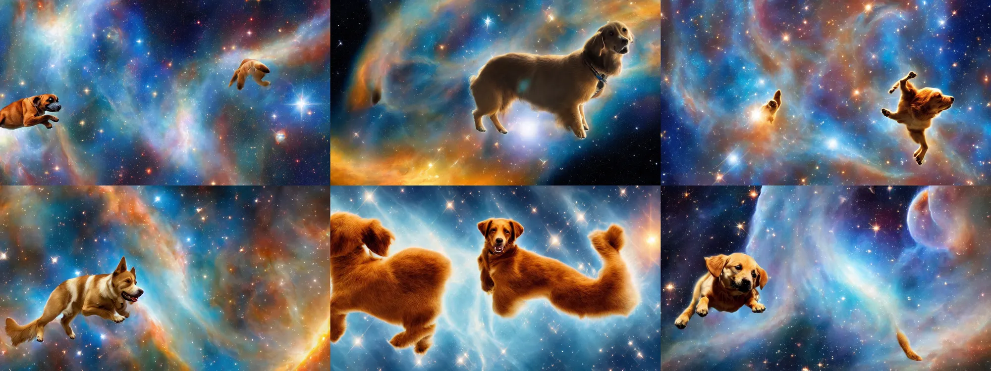 Prompt: hubble telescope photography, floating dog in space, 4k HD, high render, highly detailed, sharp focus, art by hubble telescope and nasa