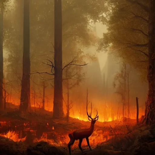 Prompt: a forest in a extreme fallout, with radioactive rain and flames everywhere, a deer is in the middle of the scenery by greg rutkowski, wlop and astri lohne, 4 k, realistic concept art