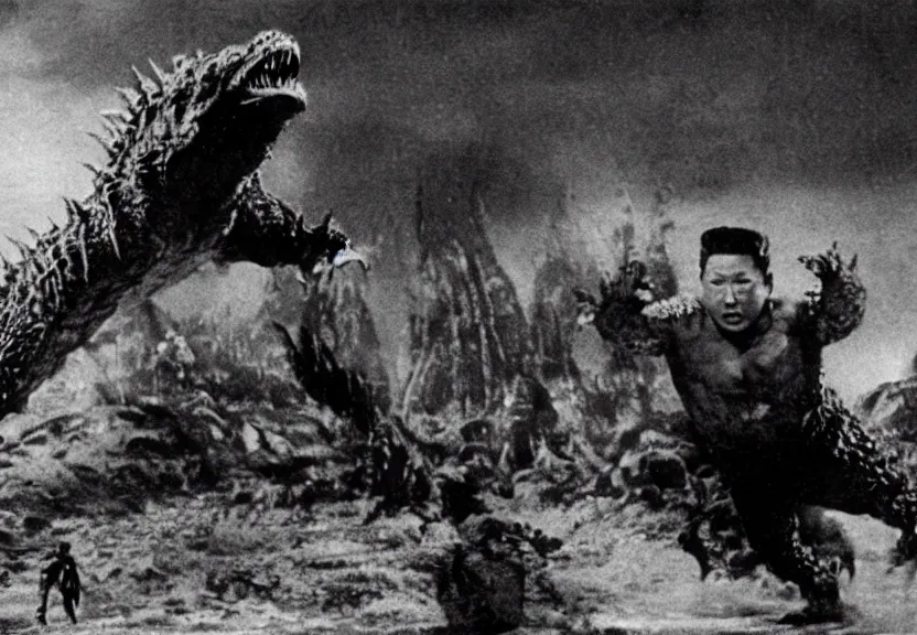 Image similar to a filmstill of pulgasari, kaiju starfish, monster movie, korean film noir, 1 9 5 0 s thriller, kim jong - il, in the style of rashomon and godzilla