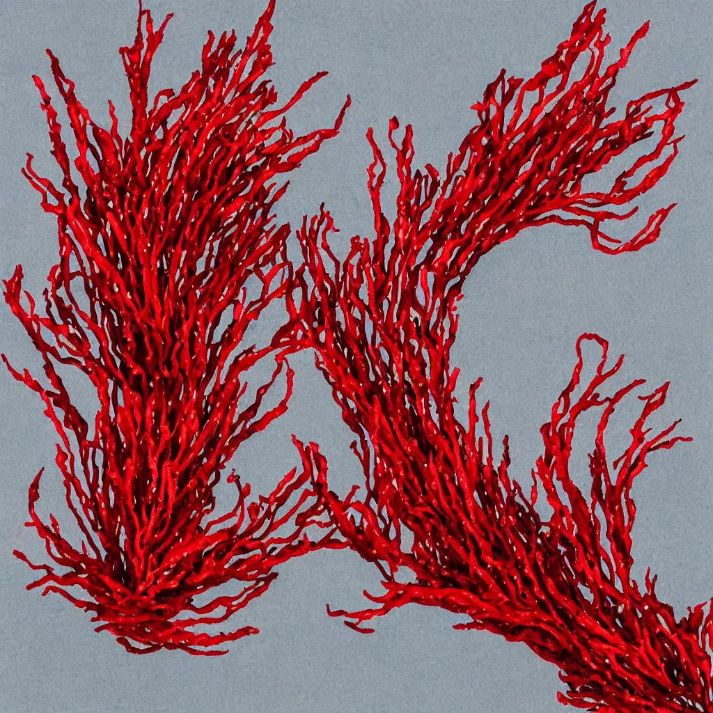 Image similar to bladder wrack and red dulse seaweed, decorative design against a grey background, done in Water colour