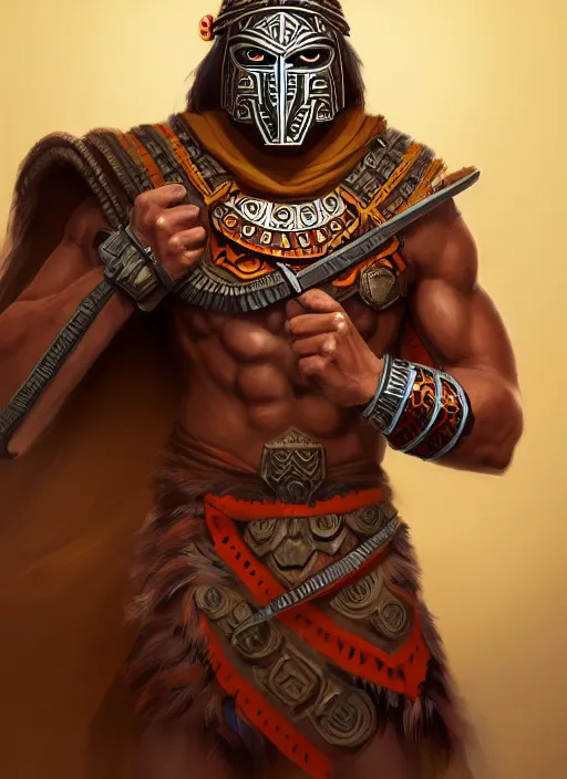 Image similar to a highly detailed illustration of tribal masked aztec warrior wearing brown robe, heroic fist pose, muscular, intricate, elegant, highly detailed, centered, digital painting, artstation, concept art, smooth, sharp focus, league of legends concept art, wlop.