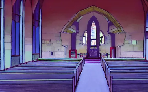 Image similar to the inside of an empty church, sunrise, dramatic lighting, art by hayao miyazaki, studio ghibli film, hi res, 4k, high detail