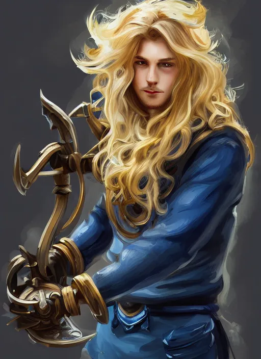 Image similar to a highly detailed illustration of long wavy bright blonde haired young effeminate boy wearing blue blacksmith apron and iron mechanical arms, blue eyes, dramatic smiling pose, intricate, elegant, highly detailed, centered, digital painting, artstation, concept art, smooth, sharp focus, league of legends concept art, wlop