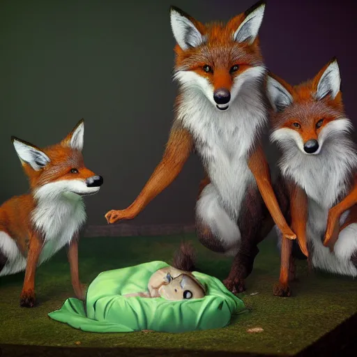 Image similar to A hyper real comic book style portait painting of a smiling green fox giving birth to three youngsters, unreal 5, hyperrealistic, octane render, cosplay, RPG portrait, dynamic lighting