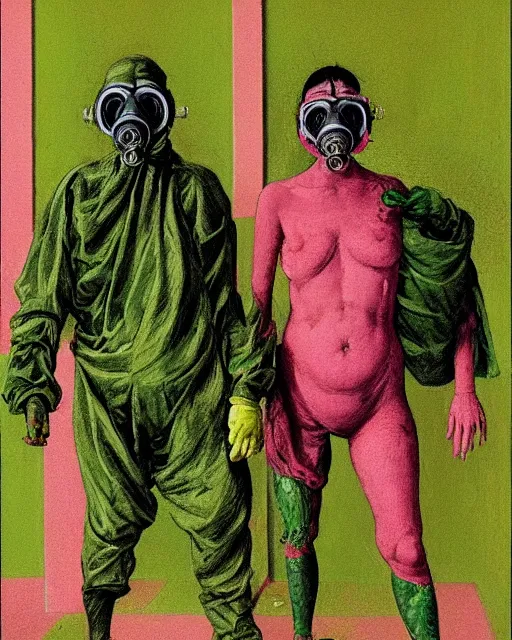 Prompt: Two figures wearing gas masks, draped in silky gold, pink and green, in a decayed hospital room in the style of Francis Bacon, Esao Andrews, Zdzisław Beksiński, Edward Hopper, surrealism, art by Takato Yamamoto and James Jean