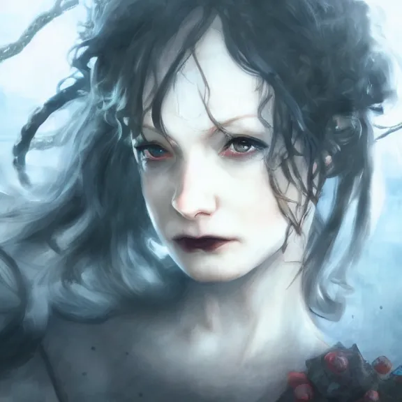 Image similar to christina hendricks!!! goth, tankoban, 4 k, tone mapping, akihiko yoshida, james jean andrei riabovitchev marc simonetti, yoshitaka amano, long hair, curly, h. hydrochaeri