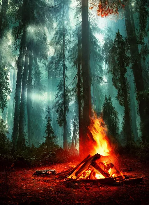 Image similar to cinematic shot epic forest, hyper realistic, mood lighting, fantasy, detailed campfire, highly detailed, super realistic, perfect lighting pixel sorting, style sheet