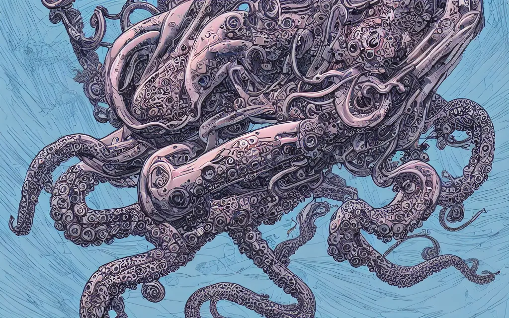 Image similar to biomechanical flying octopus, in the style of james jean and laurie greasley, dynamic composition, dramatic lighting, ultra detailed, nitro colors
