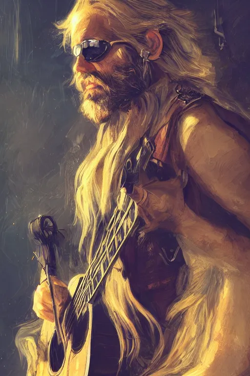 Prompt: blonde wild hair beard man, pirate eye - patch, playing guitare, close - up portrait, powerfull, intricate, elegant, volumetric lighting, scenery, digital painting, highly detailed, artstation, sharp focus, illustration, concept art, ruan jia, steve mccurry