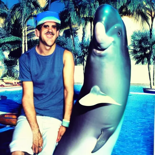 Image similar to hunter biden smoking with an italian dolphin in a luxury vaporwave resort, polaroid photograph, washed out colors, nostalgia,