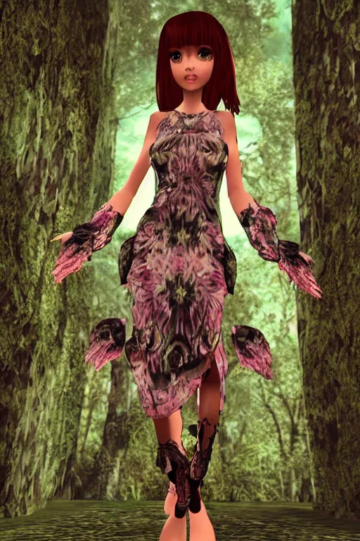 Prompt: cute female forest spirit wearing soft grunge floral cybernetic mughal valentino resort dress in a 3 d psx ps 2 jrpg style, esoteric scifi magical alien ruined cathedral sanctuary interior, fashion gameplay screenshot, highly detailed, bright