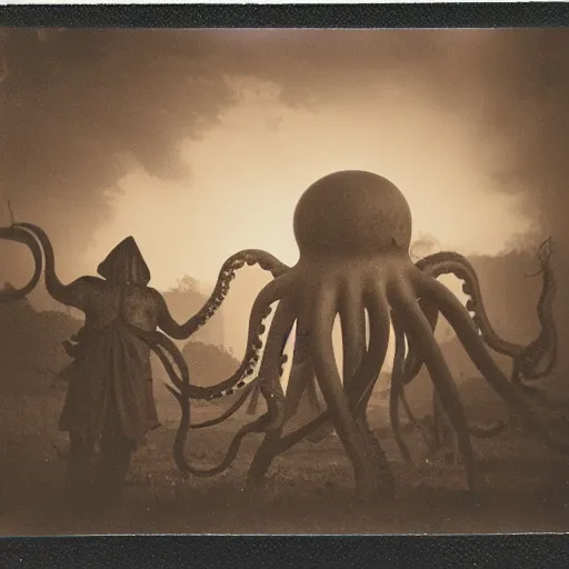 Image similar to old polaroid depicting cultists and an octopus demon, at a clearing, at dusk