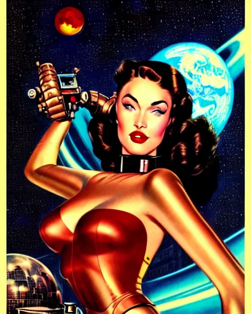 Prompt: closeup beautiful retro space megan fox posing with a chrome robot in dieselpunk city at night, pinup, windblown dark hair, seductive, hyper detailed, digital art, smooth, sharp focus, luis royo, gil elvgren, alberto vargas, 1 9 5 0, when mars attacks