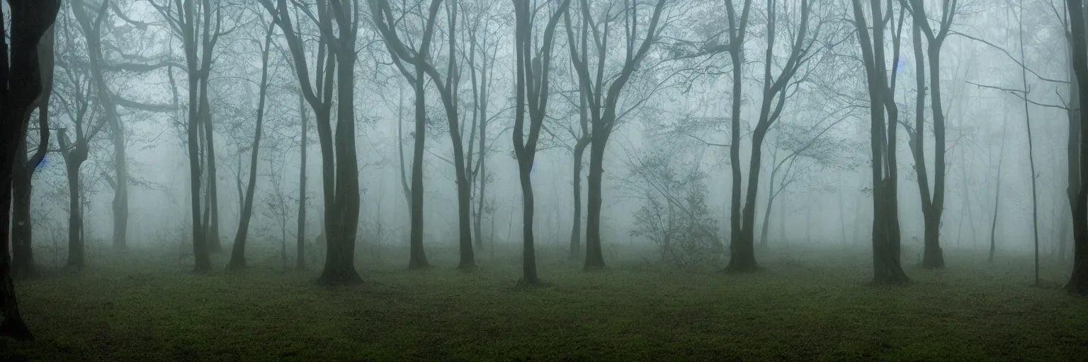 Image similar to a haunted forest, mist and rain