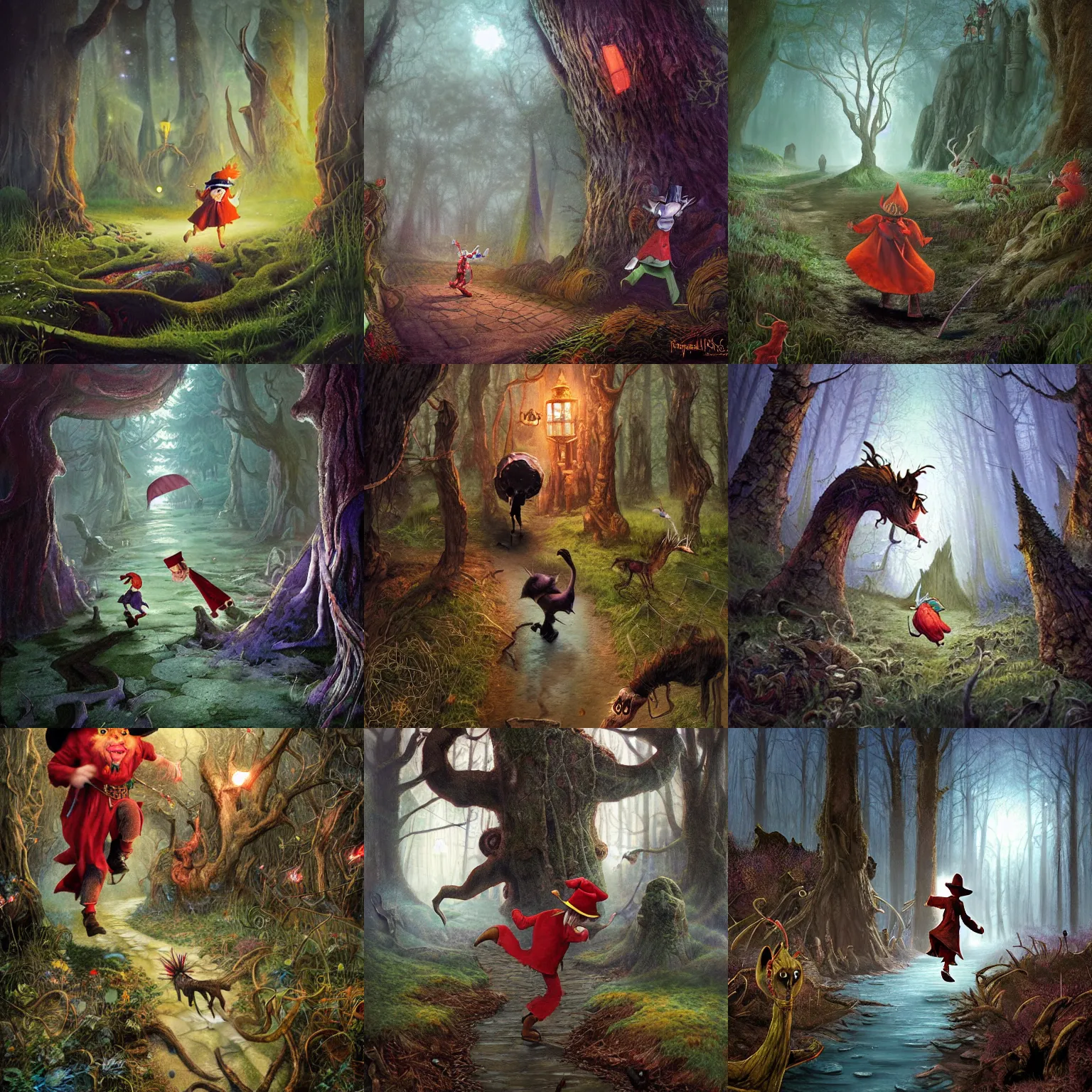 Prompt: Rincewind runs away frantically from a creaure in the Forbidden Forest detailed, hyperrealistic, colorful, cinematic lighting, digital art by Paul Kidby and Jim Kay