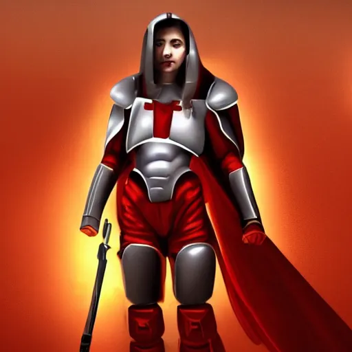 Image similar to a young female soldier, no makeup, wearing glossy sleek white bloodstained dinged scuffed armor and a long torn red cape, heroic posture, determined expression, elegant, no helmet, on the surface of mars, dramatic lighting, cinematic, sci-fi, hyperrealistic, detailed