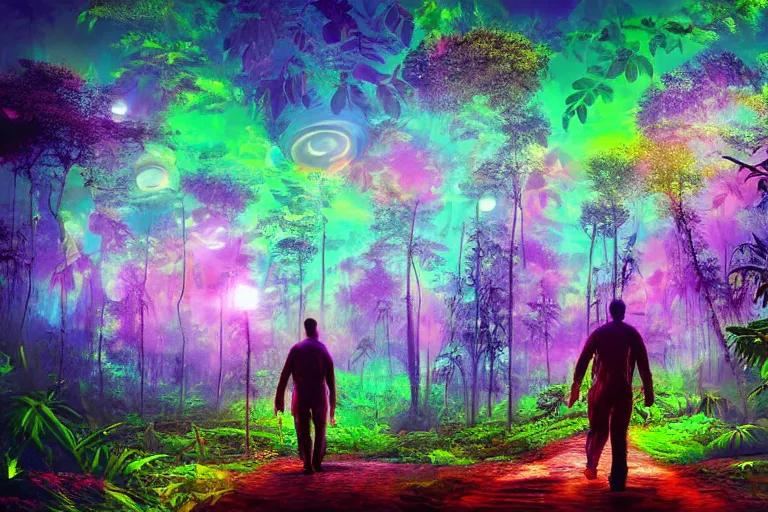 Prompt: digital art of a surreal jungle, astronaut walking, psychedelic sky, mysterious crazy world, raining at night, glowing trees, pulping sky