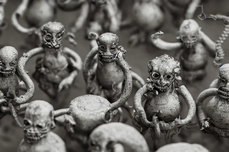Prompt: miniature figurines of lovecraftian monsters, close up, detail, tilt shift, product photography