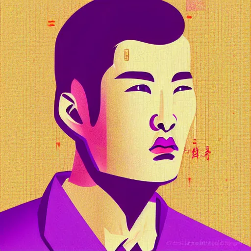 Prompt: a portrait of a beautiful chinese man, in retro colors, synthwave style, 2 d digital vector art