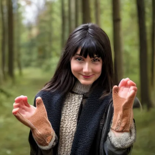 Image similar to a dark - haired girl trying on a brown hitch - hiking glove