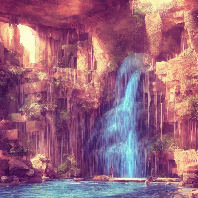 Prompt: a waterfall in the interior of a ancient arabian structure, epic retrowave art, trending on art station