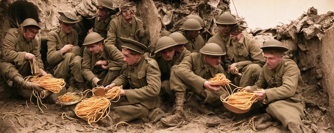 Image similar to soldiers eating spaghetti in the trenches, world war one, canon 5 0 mm, high detail, intricate, cinematic lighting, photography, wes anderson, film, kodachrome