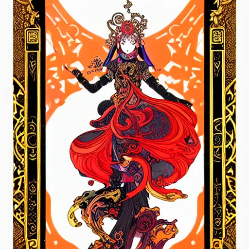 Image similar to jisoo + blackpink + elements + red + gold + neon + baroque + rococo + white + orange + ink + tarot card, ornate + by marc simonetti, paul pope, peter mohrbacher, detailed, intricate ink illustration + damask + award winning + 8 k