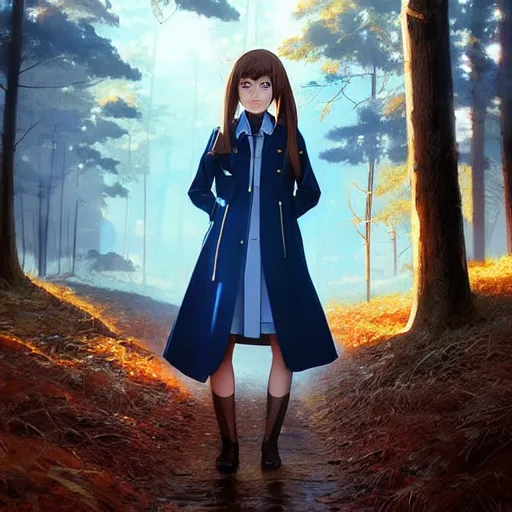 Prompt: realistic render of a girl with brown hair in a ponytail, blue eyes wearing a blue trenchcoat by rossdraws, forest background by ilya kuvshinov, digital anime art by ross tran, composition by sana takeda, lighting by greg rutkowski