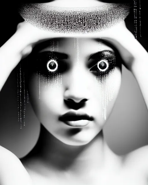 Image similar to black and white dreamy spiritual female water - cyborg high quality portrait photo, microchip leaves, artificial intelligence, cinematic, rim light, photo - realistic, elegant, high detail, 8 k, masterpiece, high fashion, in the style of man ray