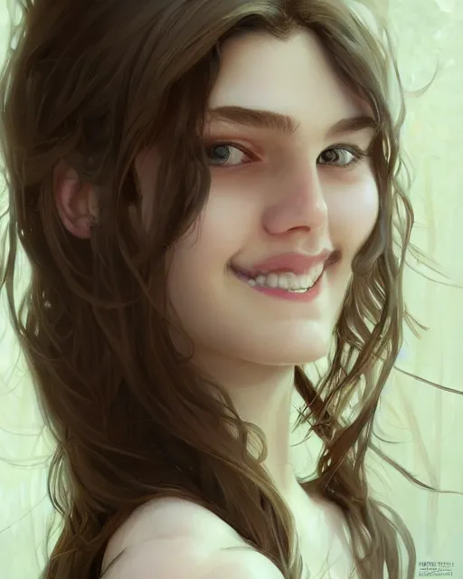 Image similar to symmetry!! portrait of 1 5 - year - old girl with voluminous bushy brown hair, large front teeth, and bright piercing brown eyes, highly detailed, digital painting, artstation, concept art, smooth, sharp focus, illustration, art by artgerm and greg rutkowski and alphonse mucha