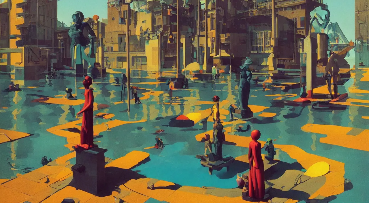 Image similar to flooded colorful single weird statue, very coherent high contrast!! painting by stalenhag spitzweg magritte syd mead norman rockwell edward hopper james gilleard, dark shadows, sunny day, triadic color scheme, hard lighting, masterpiece