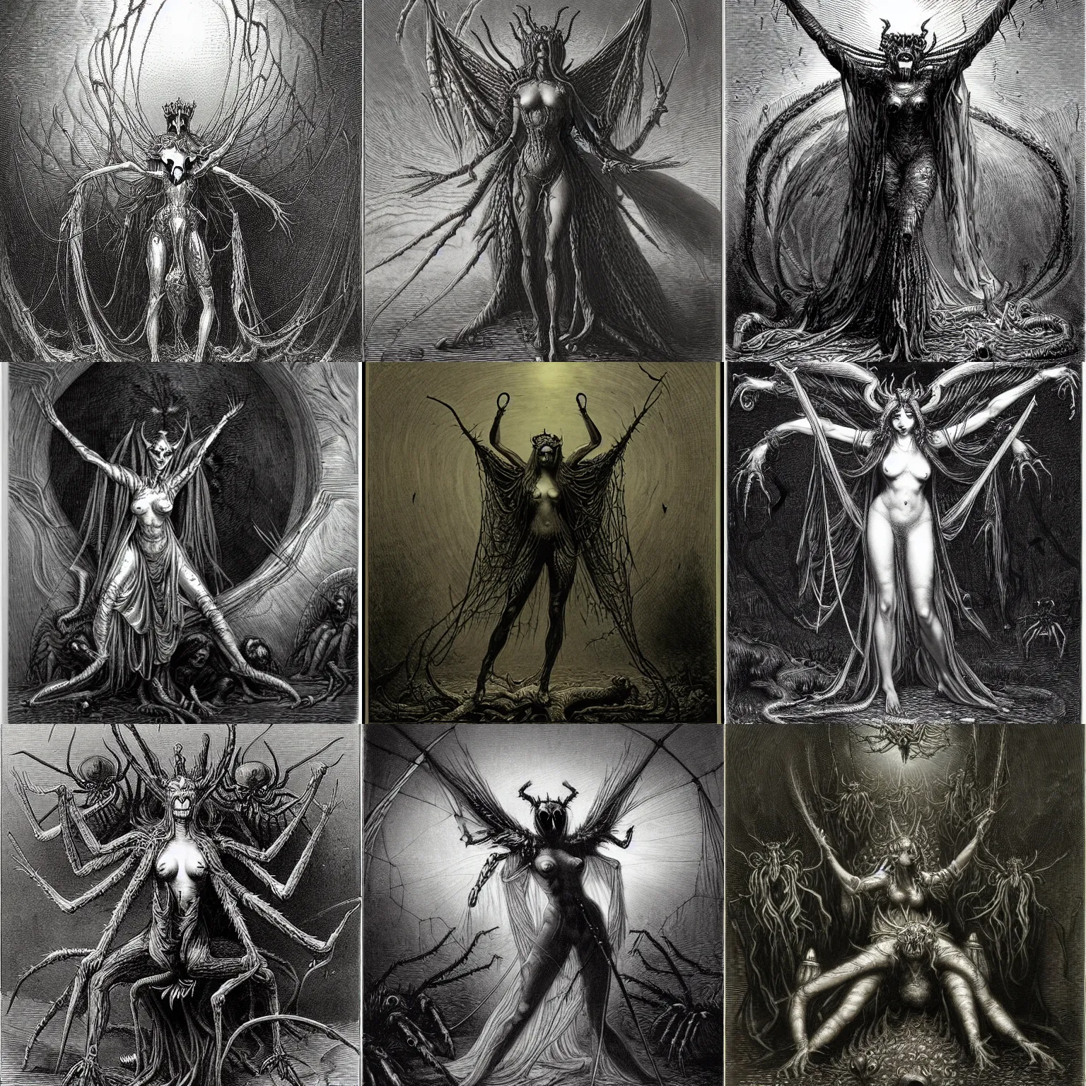 Prompt: demon queen of spiders by gustave dore