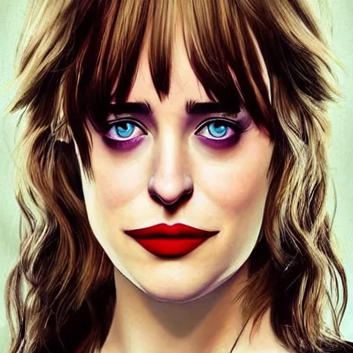 Image similar to beautiful dakota johnson with joker makeup, highly detailed, realistic face, detailed face, amazing digital art