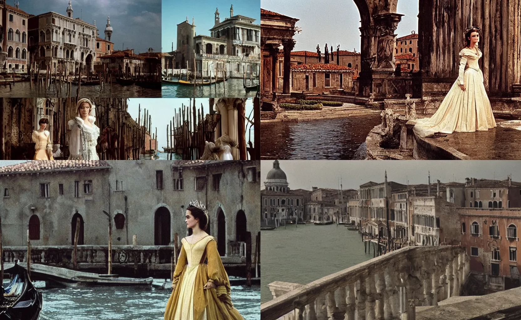 Prompt: scene of pulciana ( 1 9 7 6 ) a film of luchino visconti with a close up emma watson as a duchess. venice and a labyrinth in the background. technicolor, flamboyant in the style of piranesi