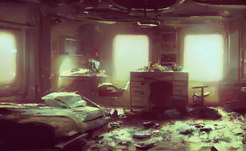 Image similar to a messy bedroom interior, scifi capsule apartment, painting by Craig Mullins, octane rendering, soft lighting, wide angle lens, worm's-eye view, in the style of Pixar animation, trending on artstation,